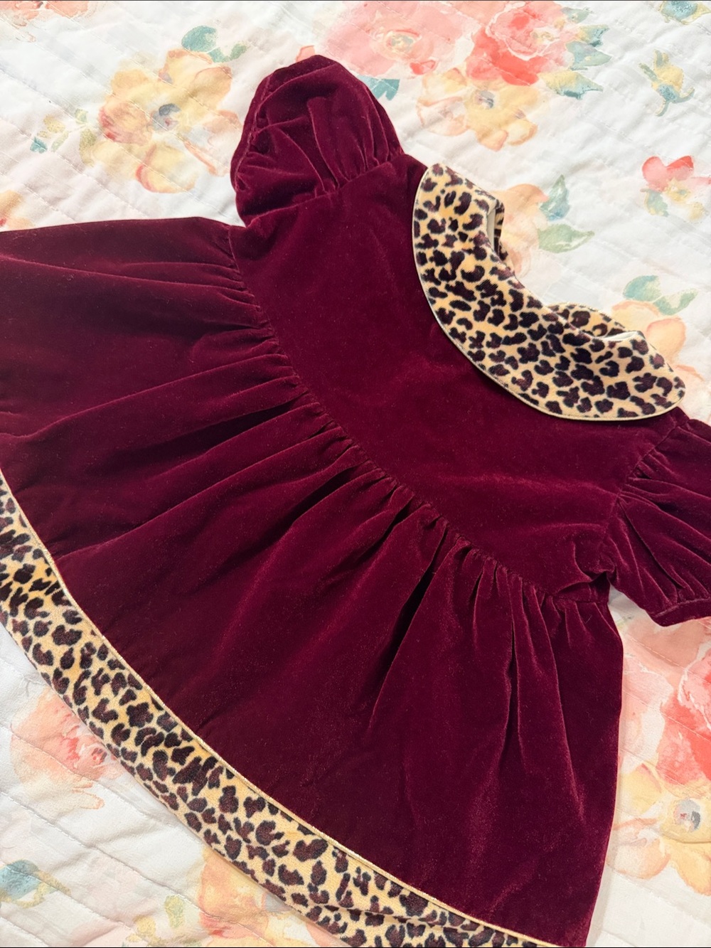 Infant Vintage Rose Cottage Burgundy Velvet Dress & Bloomers with Leopard Collar